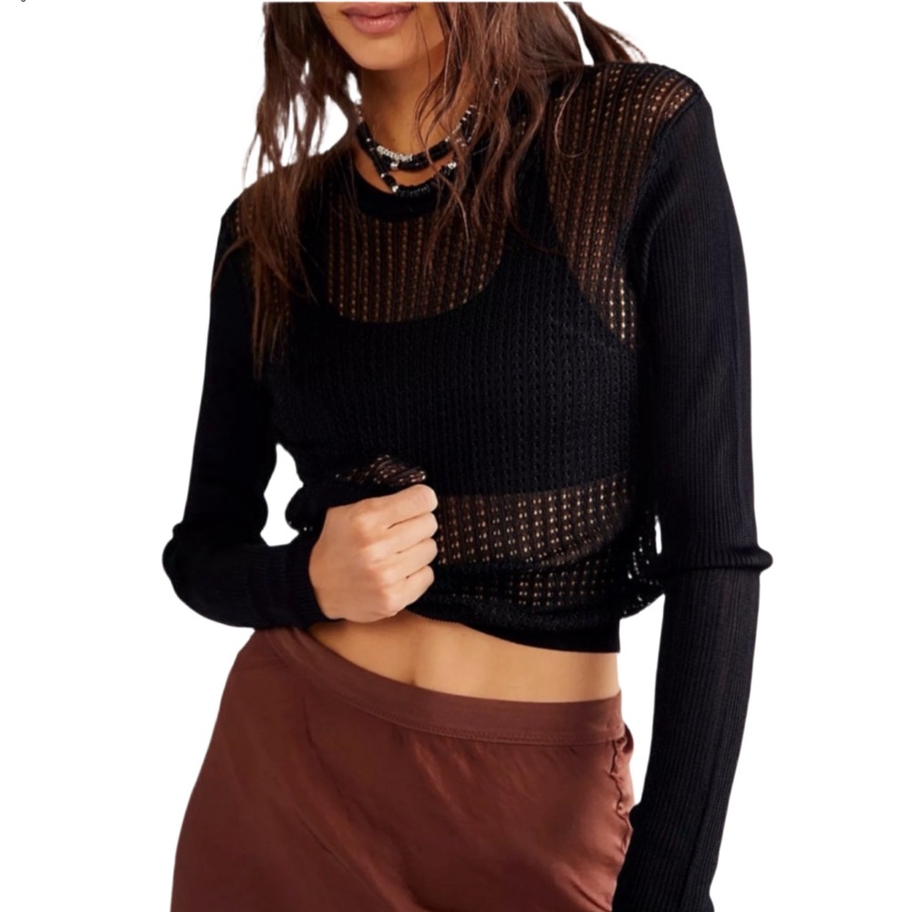 Free People H2O Crew Pullover Knit Semi Sheer Long Sleeve Black‎ Size Medium